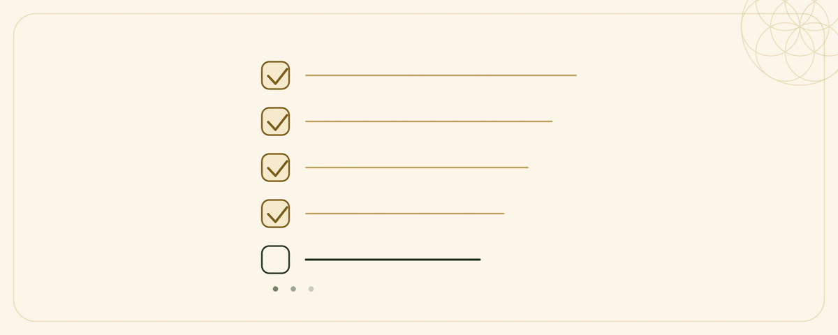 A diagram of healing fatigue: five items on a list, four of them ticked and struck through, the fifth still open, and the list continuing past its own last row