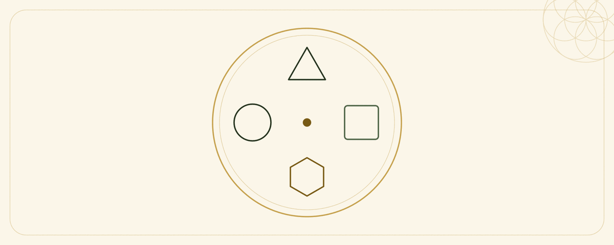 A diagram of oneness without sameness: one ring holding a triangle, a square, a hexagon and a circle, four different shapes, none of them touching