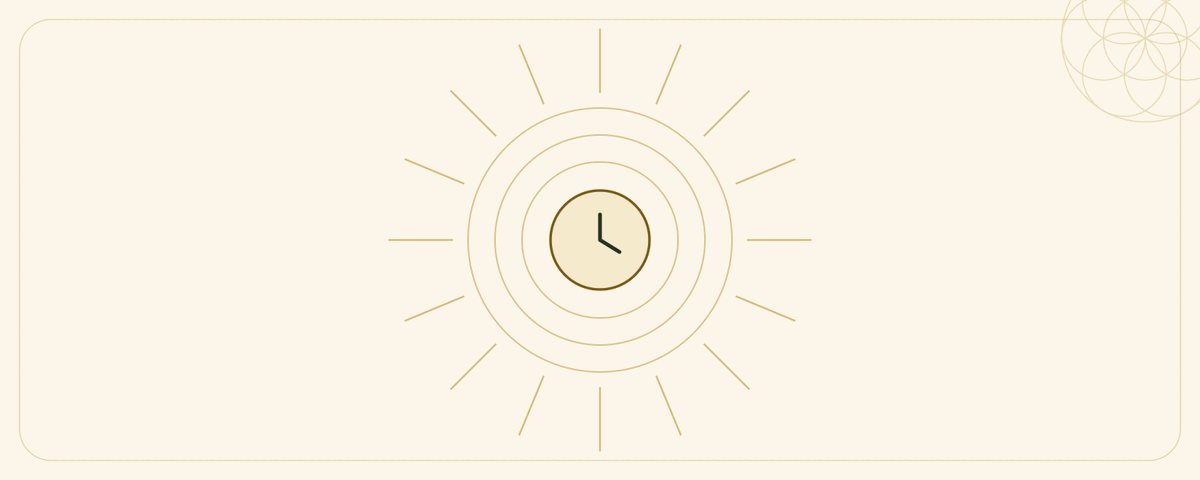 A diagram of the Golden Light: concentric rings of light with rays going out, and a single clock face at the center of them