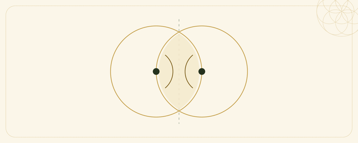 A diagram of a mirrored field: two equal circles meeting at a vertical axis, the lens they share shaded, each holding a point that is the reflection of the other
