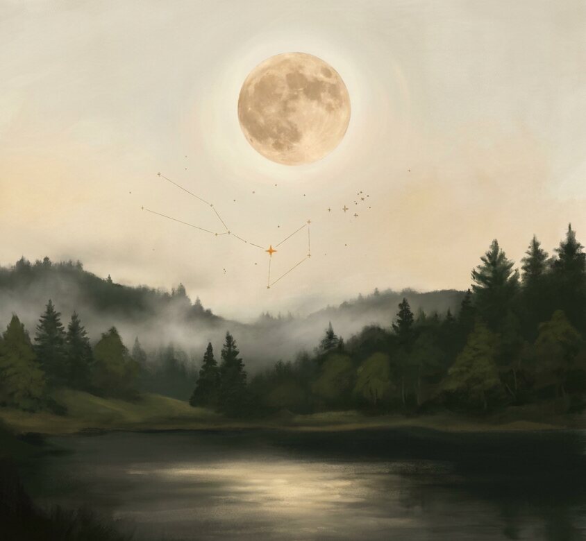 A painted full moon in a pale dusk sky with the stars of Taurus drawn beside it in fine gold lines