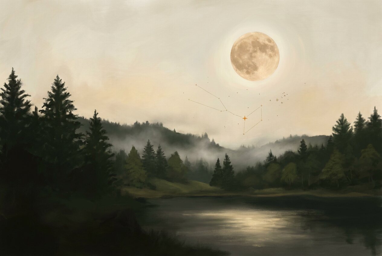A painted full moon rising over a misted cedar valley and a still lake, the constellation Taurus traced beside it in gold