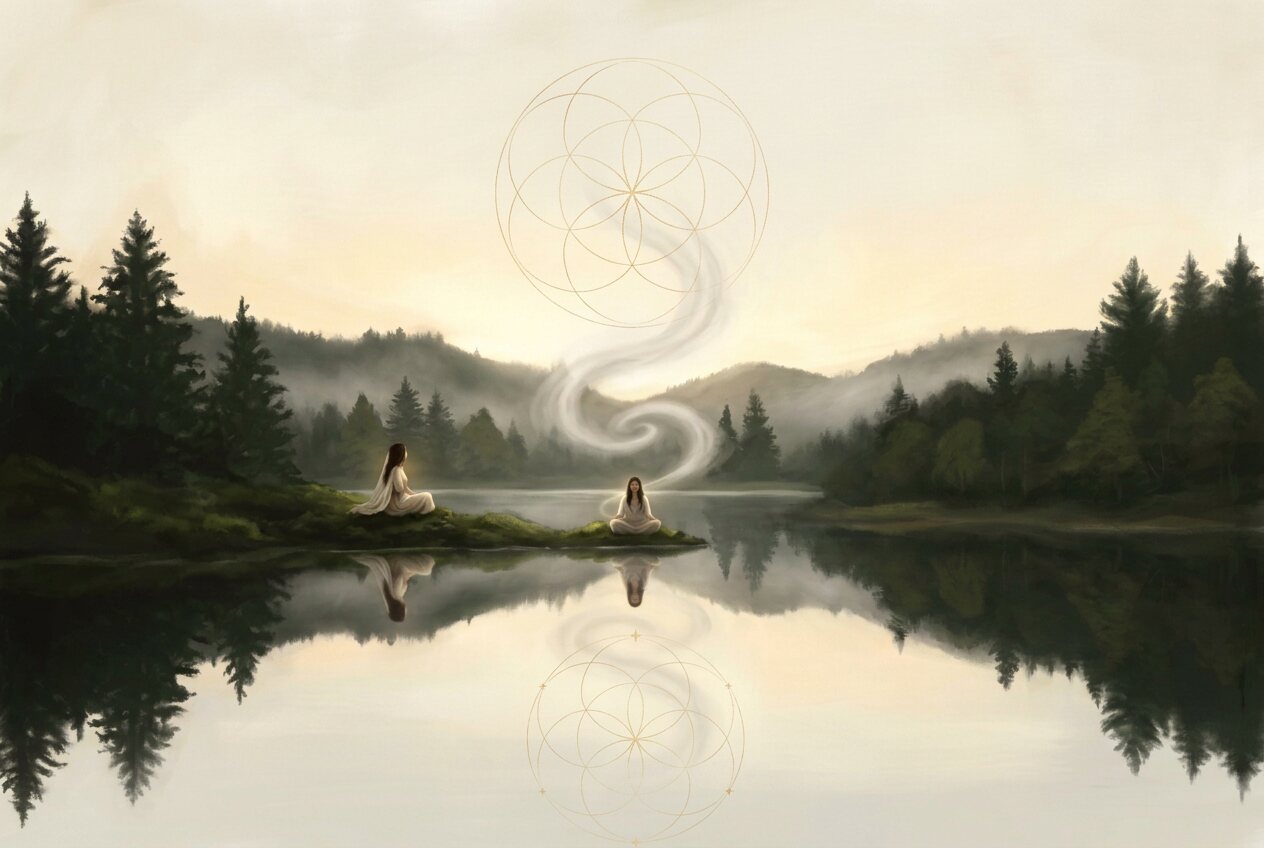 A painted still lake at dawn, two women in ivory seated in meditation on the shore while a spiral of mist rises into a gold seed of life