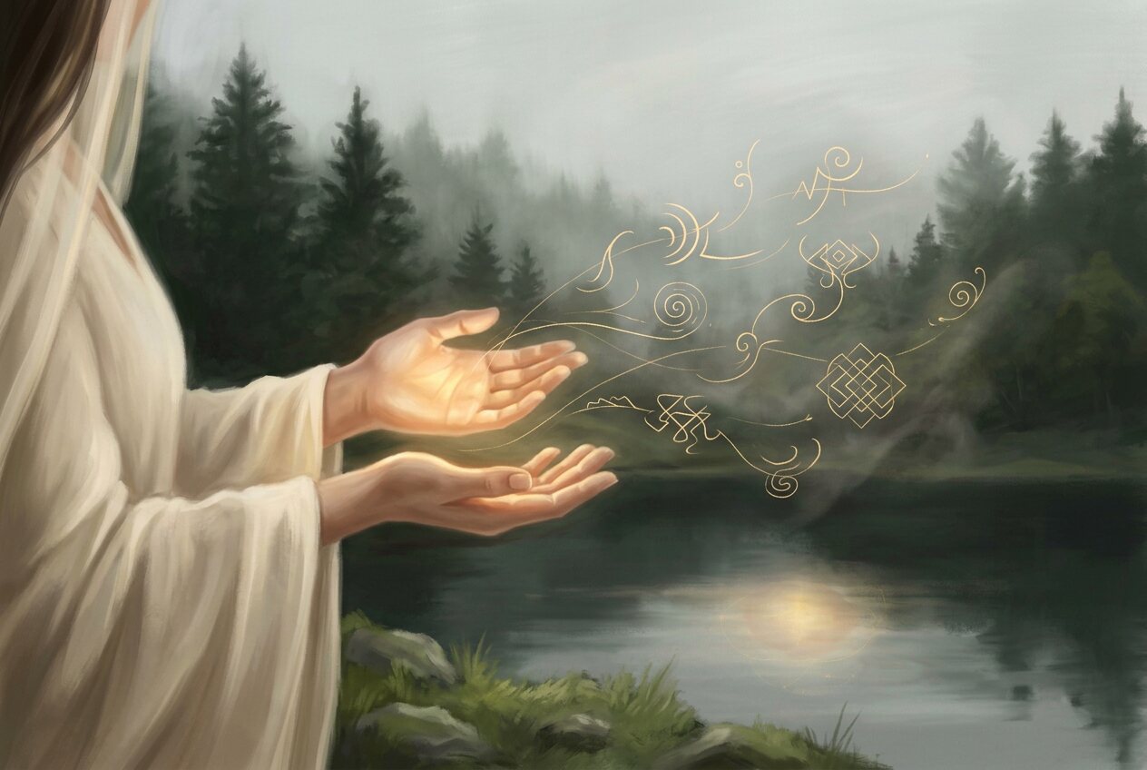 Painted hands in ivory sleeves held open beside a misted lake, fine gold glyphs of light language drifting from the palms