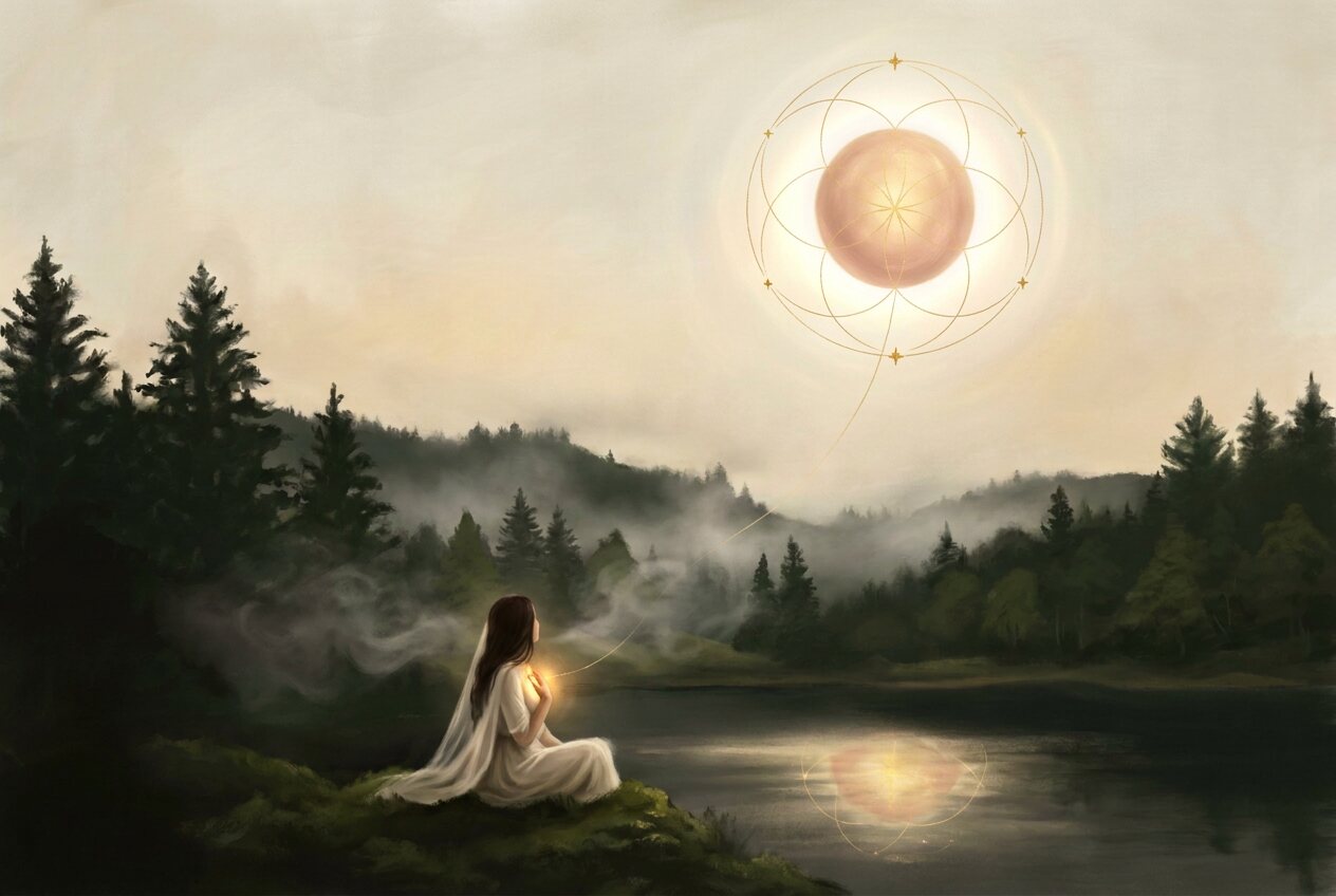 A painted woman in an ivory veil seated by a misted lake, hands over her heart, a thread of gold light rising to a radiant orb in the sky
